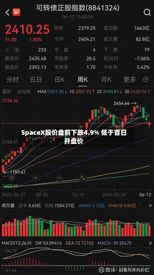 SpaceX股价盘前下跌4.9% 低于首日开盘价